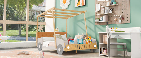 English Elm Wood Full Size Car Bed with LED Night Lights, Pine Frame, Imaginative Canopy & Cozy Pillow (Natural) WF309289AAM