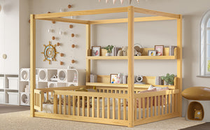 English Elm Full House Floor Bed with Door and Guardrails for Kids, Solid Wood Double Full, Safe Play Nook Natural W1580P359334