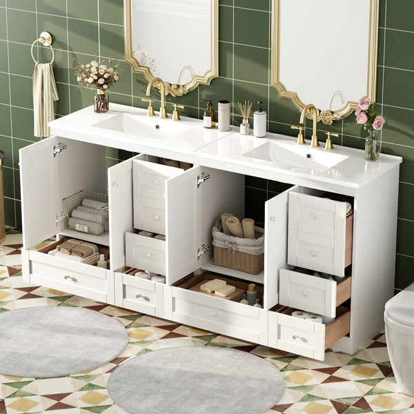 English Elm 72 Shaker Bathroom Vanity 72" Double-Sink Freestanding with Ceramic Basin, Soft-Close Drawers & Doors White N729P000010K