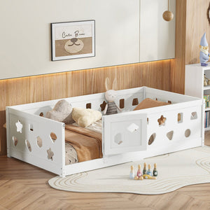 English Elm Twin Floor Bed with Safety Guardrails & Door in White — Solid Poplar Frame, Low Profile, Kids' Cozy Hideaway W1820P240540