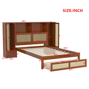 English Elm Twin Multifunctional Bed with Rattan Headboard Storage, Drawer & Shelves — Space-Saving Pine Design Walnut 50.4 L x 19.8 W x 5.5 H N733S241280D