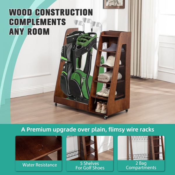 English Elm Golf Bag Storage Rack Wooden 2 Bag Organizer with Shoe Shelf for Garage Basement Brown W1422P296352
