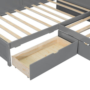 English Elm Wood Twin L-shaped Platform Bed Trundle Shelves Charging Station Kids Room Grey N7090001045E-1