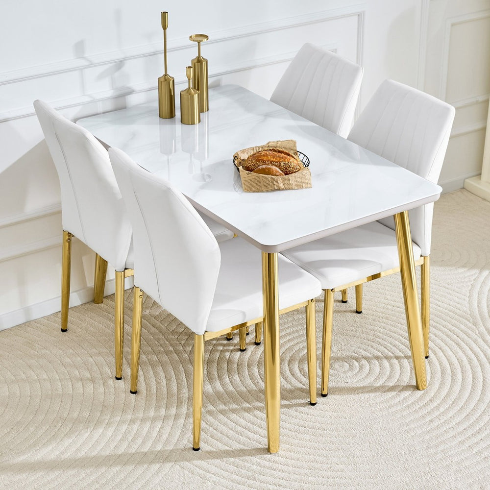 English Elm Table and Chair Set Marble Glass Top Gold Legs Modern Dining for Small Spaces W1151S04637