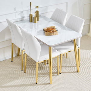 English Elm Table and Chair Set Marble Glass Top Gold Legs Modern Dining for Small Spaces W1151S04637