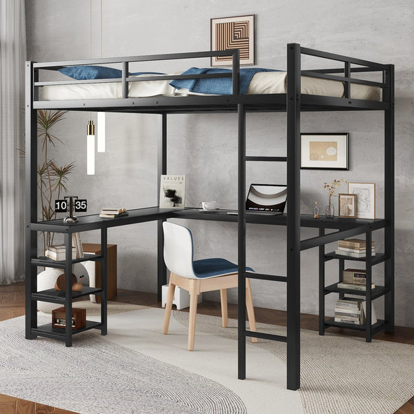 English Elm Full Metal Loft Bed With Desk & Shelves - Space-Saving Design, Safety Guardrails, Modern Black Frame W1580S00049