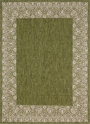 Unique Loom Outdoor Border Floral Border Machine Made Floral Rug Green, Ivory/Gray 7' 10" x 11' 4"