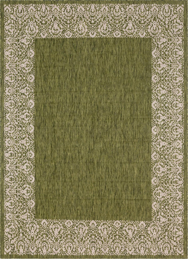 Unique Loom Outdoor Border Floral Border Machine Made Floral Rug Green, Ivory/Gray 7' 10" x 11' 4"