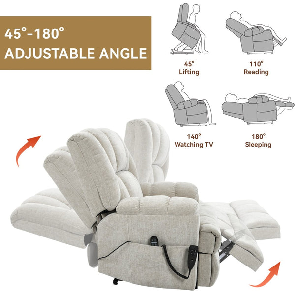English Elm Dual Motor Power Lift Recliner Chenille Chair with Massage Heat and Infinite Positions Beige W3224P288434
