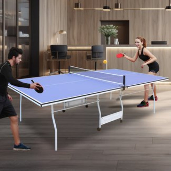 English Elm 9ft Regulation Foldable Ping Pong Table Steel Frame with Net Paddles and Balls Included W1408P164346