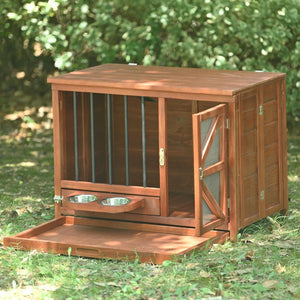 English Elm 33" Pine Wood Pet Crate End Table with Walnut Finish Swivel Feeder and Foldable Frame N843P322021W