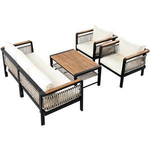 English Elm 4 Pieces Outdoor Sectional Sofa Set with Water-Resistant Cushions, Woven Rope Detail & Acacia Table Beige N719Z000130A