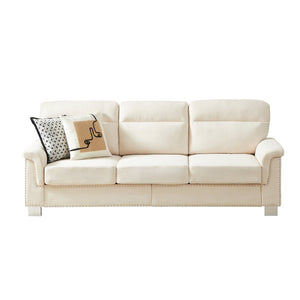 English Elm 82" Chesterfield Snowfleece Upholstered 3-seat Sofa Nailhead Trim Plush Living Room Beige W1359P386036