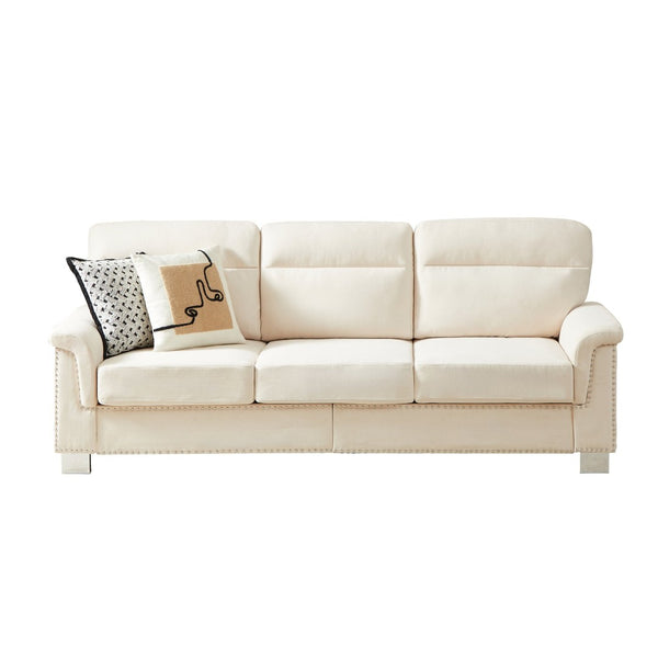 English Elm 82" Chesterfield Snowfleece Upholstered 3-seat Sofa Nailhead Trim Plush Living Room Beige W1359P386036