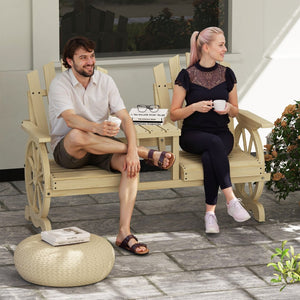 English Elm Outsunny Rustic Fir Wood 2 Seat Garden Bench with Wagon Wheel Legs and Center Table W2225P485566