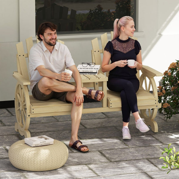 English Elm Outsunny Rustic Fir Wood 2 Seat Garden Bench with Wagon Wheel Legs and Center Table W2225P485566