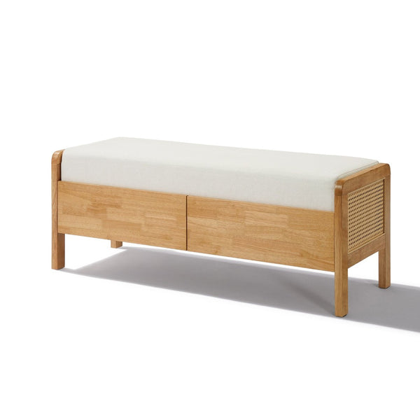 English Elm Upholstered Storage Bench with Pe Rattan Panels Oak Rubberwood Legs Boho Accent N757P257636I