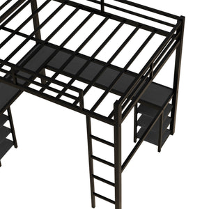 English Elm Full Metal Loft Bed With Desk & Shelves - Space-Saving Design, Safety Guardrails, Modern Black Frame W1580S00049