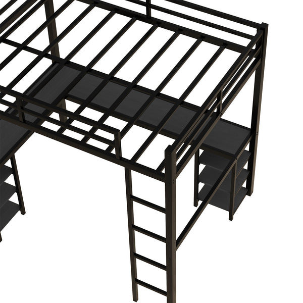 English Elm Full Metal Loft Bed With Desk & Shelves - Space-Saving Design, Safety Guardrails, Modern Black Frame W1580S00049