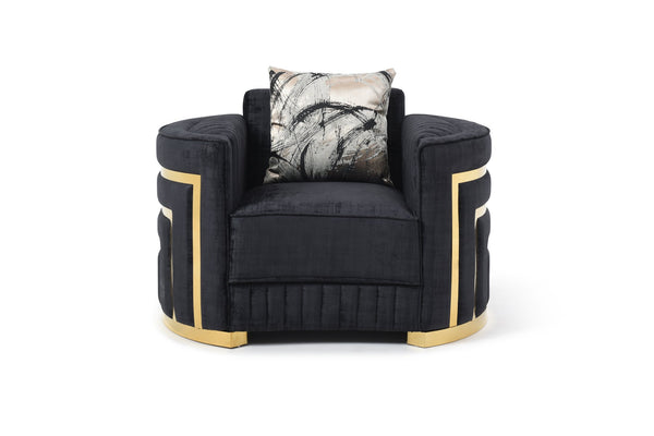 English Elm Soledad Plush 3-Seater Sofa in Rich Black Upholstery with Gold-Hued Chrome Legs & Accent Pillows B078S00629