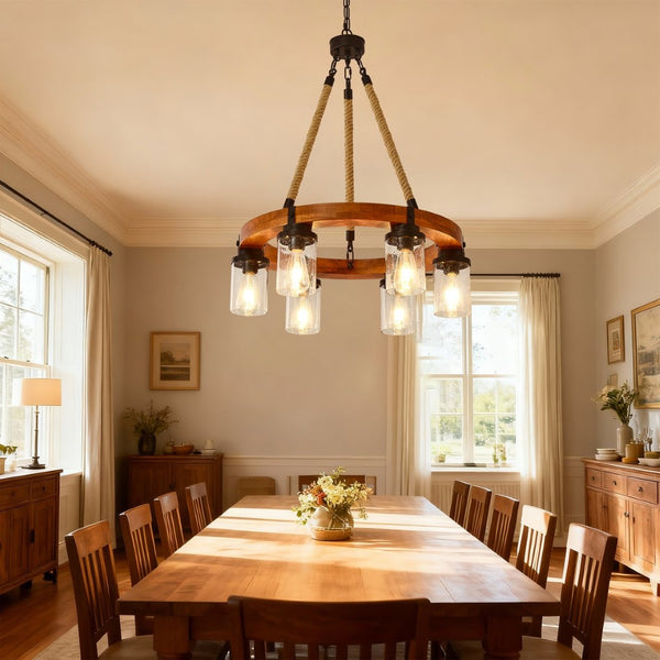English Elm 23.62 Inch Wagon Wheel Chandelier Wood Metal Frame Seeded Glass Farmhouse Dining W5008P390657