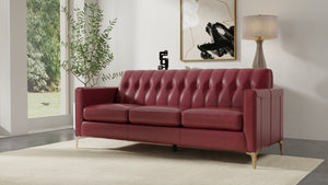 English Elm Mid-Century Tufted Leather Sofa with Brushed Rose Gold Legs, High-Resilience Foam & Durable Coil Support Red B193P200168