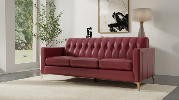 English Elm Mid-Century Tufted Leather Sofa with Brushed Rose Gold Legs, High-Resilience Foam & Durable Coil Support Red B193P200168