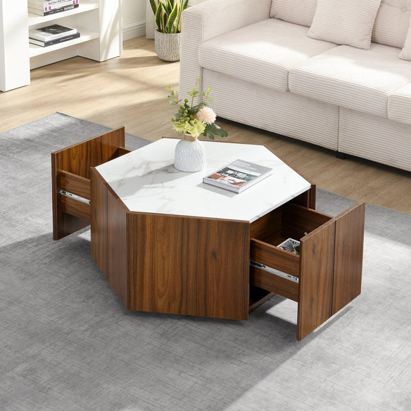 English Elm Christopher Knight Home® - Hexagonal Rustic Retro Wood Coffee Table with 2 Hidden Drawers, Textured Marble Tops, Oak Finish White+Walnut N770P309823W