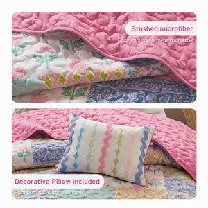 English Elm 4-Piece Full/Queen Quilt Set Pink Floral Coverlet with 2 Shams & Throw Pillow, Soft Microfiber Comfort B035P408452