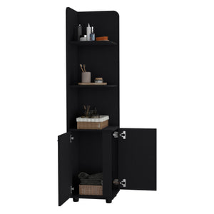 English Elm Malibu 62" Tall Corner Linen Cabinet Black Particle Board with Double Doors, 4 Shelves, Modern Legs B070P210744