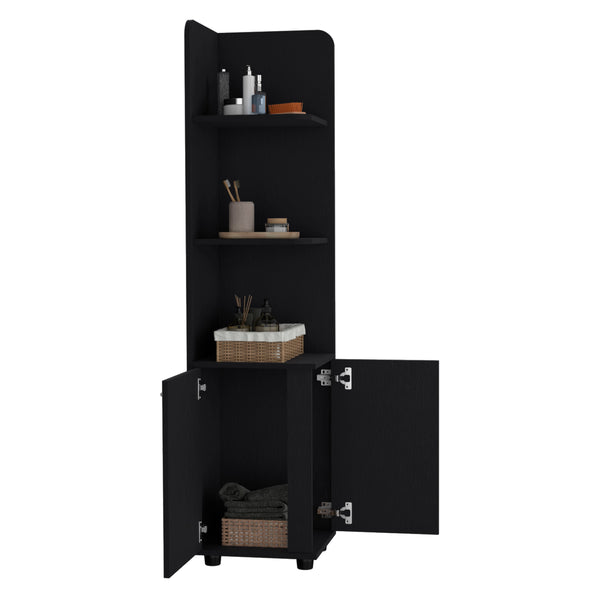 English Elm Malibu 62" Tall Corner Linen Cabinet Black Particle Board with Double Doors, 4 Shelves, Modern Legs B070P210744