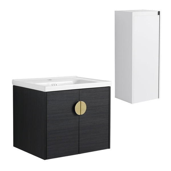 English Elm 24" Wall-Mounted Bathroom Vanity With Ceramic Sink & Side Cabinet - Stylish Storage Solution! W999S00326