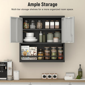 English Elm Metal Wall Mounted Steel Cabinet Lockable Doors Adjustable Shelves Kitchen Office Storage Black+Grey T3625P366860