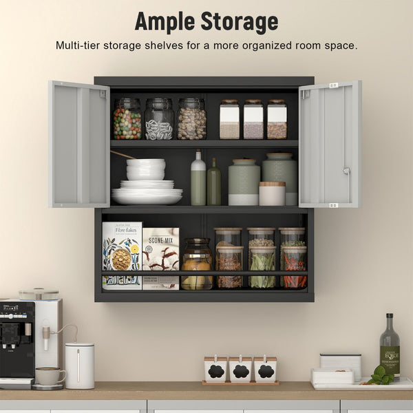 English Elm Metal Wall Mounted Steel Cabinet Lockable Doors Adjustable Shelves Kitchen Office Storage Black+Grey T3625P366860