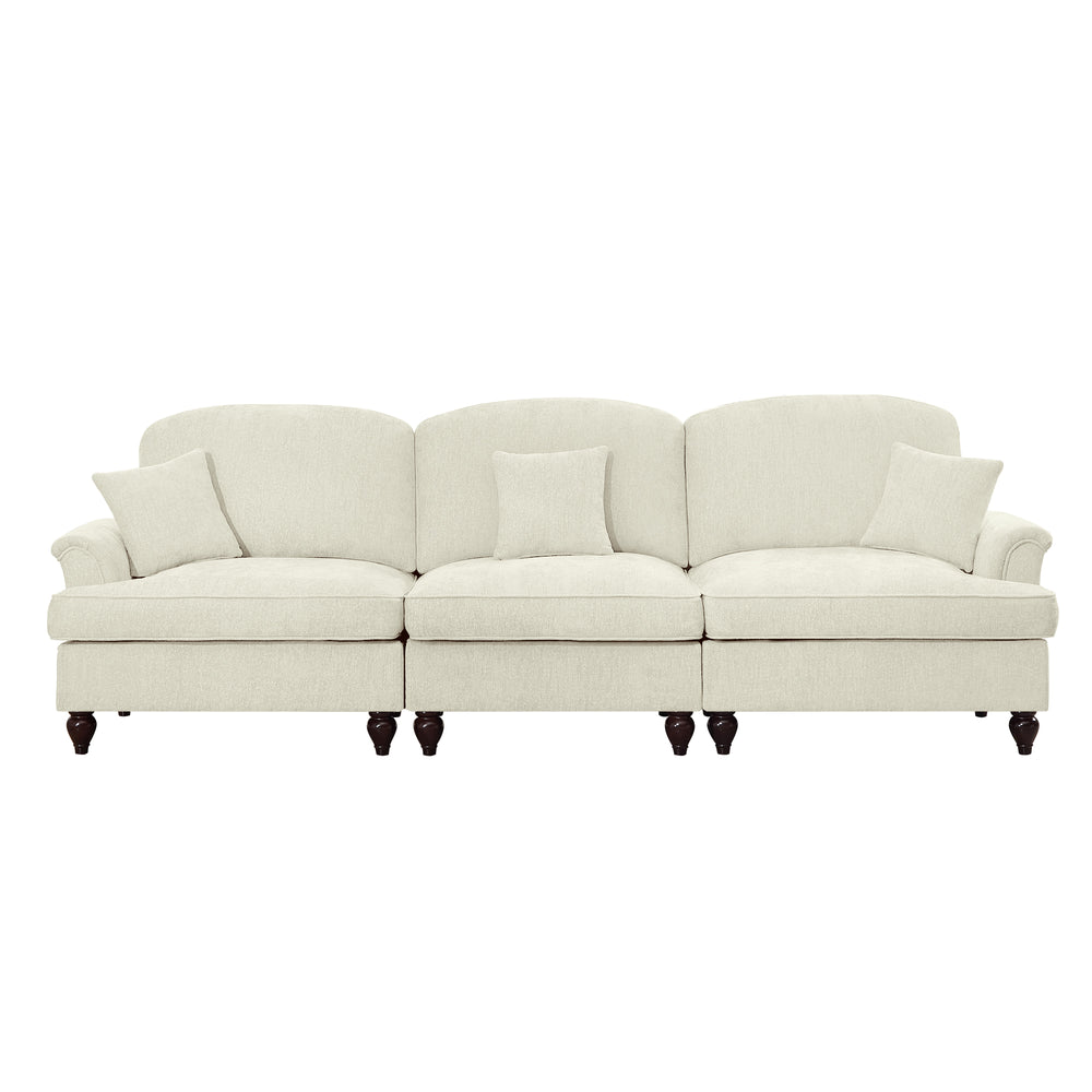 English Elm Elegant Mid Century Large 3-Seater Chenille Sofa With Flared Arms, Ruffled Skirts & Modular Style W3041S00233