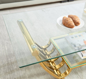 English Elm 47" Modern Rectangle Coffee Table With Double-Layer Glass Shelves, Stylish Gold Frame & Storage Solution W2978S00013
