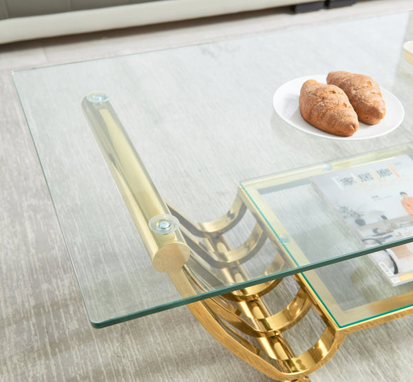 English Elm 47" Modern Rectangle Coffee Table With Double-Layer Glass Shelves, Stylish Gold Frame & Storage Solution W2978S00013