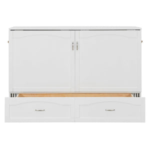 English Elm Queen Murphy Wall Bed with Drawers Usb Charging Ports Pulley Lift Mdf Cabinet White LP100671AAK-1