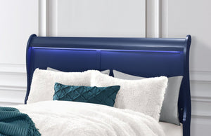 English Elm CHARLSTON Solid Wood Twin Bed with LED Lighting, Sleigh-Style Blue Finish, Transitional Design B201S00219