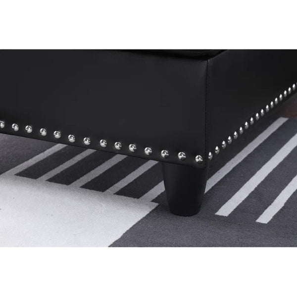 English Elm Black Faux Leather L Shaped Sectional with Cup Holders Nailhead Trim Storage Black B2730S00026