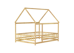 English Elm Twin House Shaped Floor Bed Solid Rubberwood Frame with Guardrails for Kids W504P370560