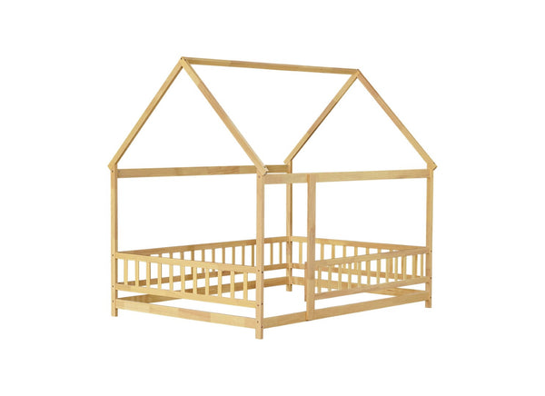 English Elm Twin House Shaped Floor Bed Solid Rubberwood Frame with Guardrails for Kids W504P370560