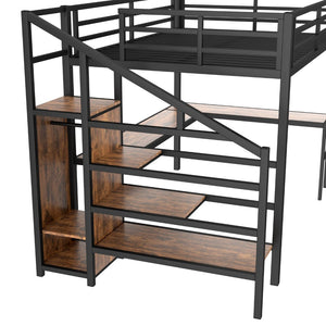 English Elm Queen Size Loft Bed With L-Shaped Desk, Usb Ports & Led Light - Modern Metal Frame For Stylish Spaces W1580S00180-GIGA
