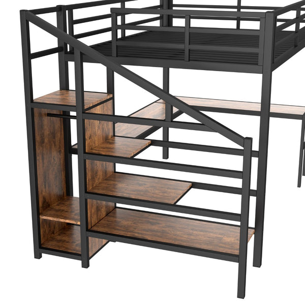 English Elm Queen Size Loft Bed With L-Shaped Desk, Usb Ports & Led Light - Modern Metal Frame For Stylish Spaces W1580S00180-GIGA