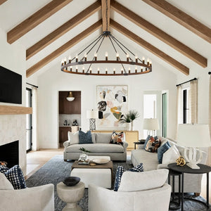English Elm 53.15 Inch Wagon Wheel Chandelier Wood Matte Black 30 Light Seeded Glass Farmhouse W5008P464800