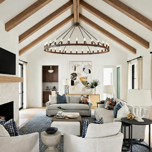 English Elm 53.15 Inch Wagon Wheel Chandelier Wood Matte Black 30 Light Seeded Glass Farmhouse W5008P464800