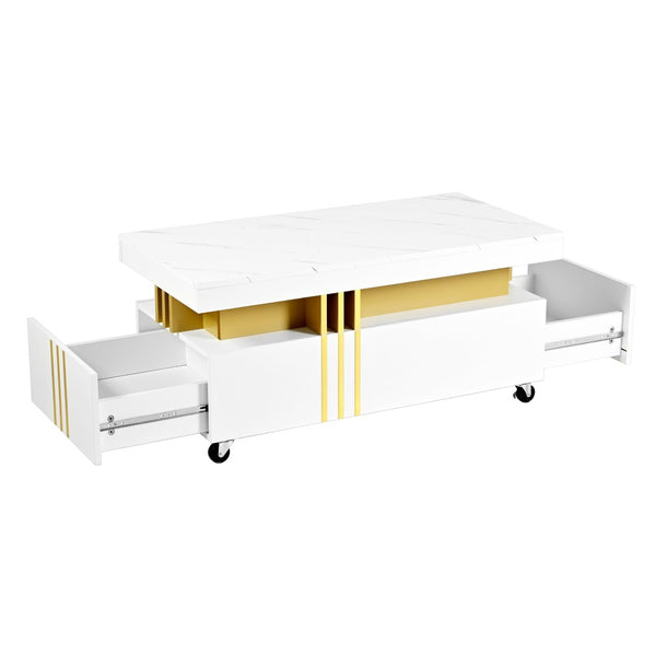 English Elm Faux Marble Rectangular Coffee Table with Gold Bars Drawers and Caster Wheels White WF305961AAK