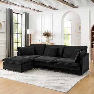 English Elm Modern Sectional Convertible Sofa with Ottoman, Oversized L-Shaped 4-Seater Towel Fabric Comfort Black W1413S00080