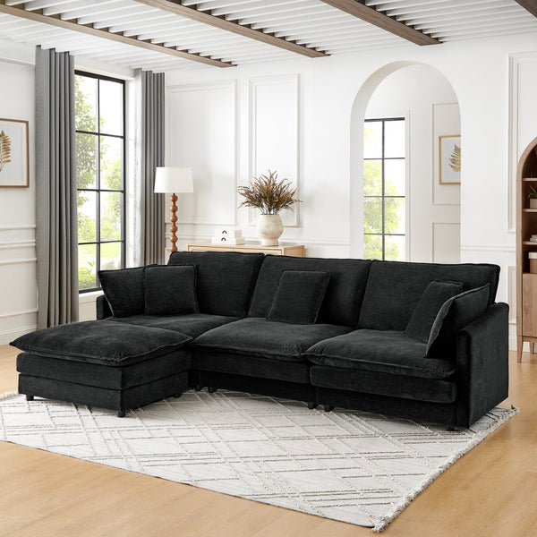 English Elm Modern Sectional Convertible Sofa with Ottoman, Oversized L-Shaped 4-Seater Towel Fabric Comfort Black W1413S00080