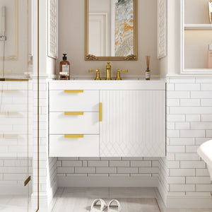 English Elm 30" Wall Mounted Bathroom Vanity with Ceramic Basin Sink, Floating Storage, Soft-Close Doors, Modern Elegance White N710P324096K